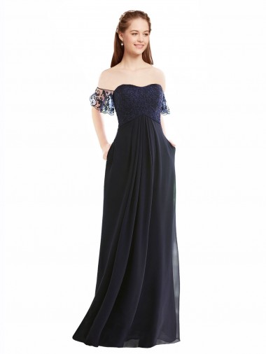 Mangas Curtas Fora do Ombro Chiffon & Renda Linha A Vestidos de Madrinha