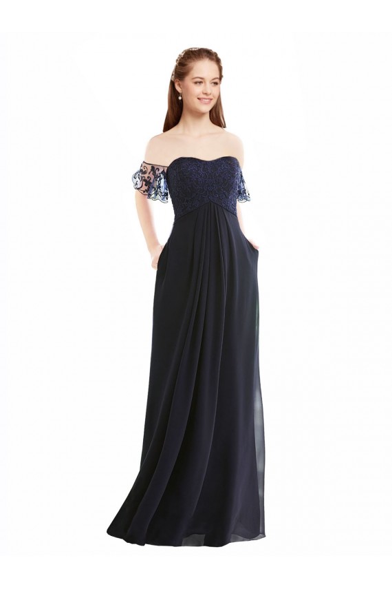Mangas Curtas Fora do Ombro Chiffon & Renda Linha A Vestidos de Madrinha