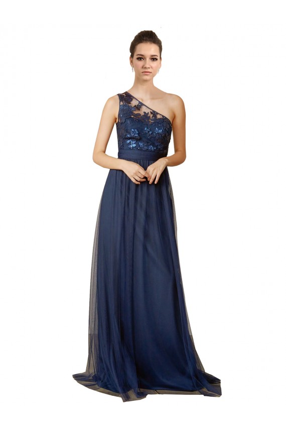 Sem Mangas Um Ombro Tule Linha A Longo Vestidos de Madrinha