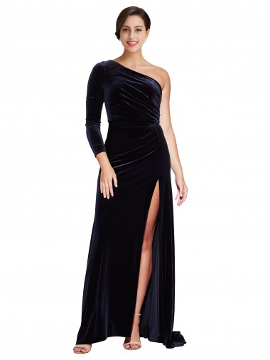Mangas Compridas Um Ombro Veludo Elástico Linha A Vestidos de Madrinha / Vestidos de Noite / Vestidos de Festa