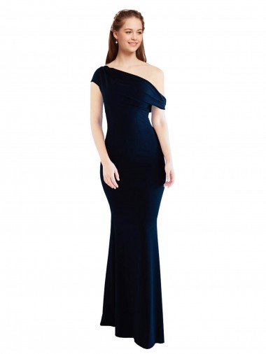 Sem Mangas Um Ombro Crepe Esticado Sereia Longo Marinha Negra Vestidos de Madrinha / Vestidos de Noite / Vestidos de Festa