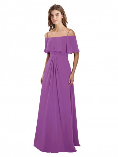Mangas Esvoaçantes Fora do Ombro Chiffon Linha A Longo Vestidos de Madrinha