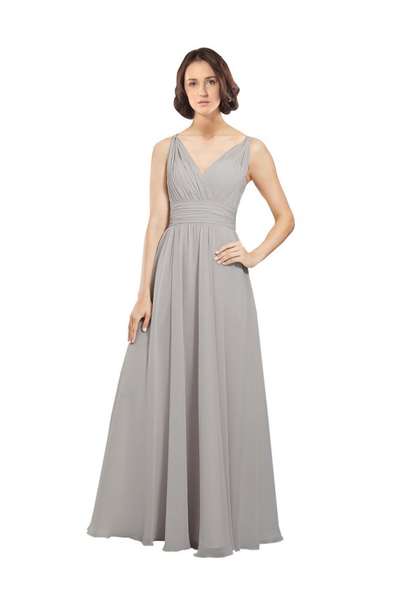 Sem Mangas Decote V Costas em V Chiffon Linha A Ostra Prata Longo Vestidos de Madrinha