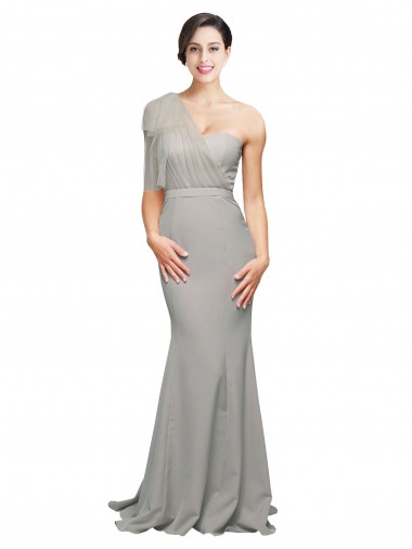 Sem Mangas Um Ombro Lombar Crepe Esticado & Tule Sereia Vestidos de Madrinha / Vestidos de Noite / Vestidos de Festa