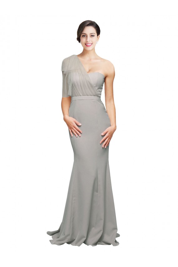 Sem Mangas Um Ombro Lombar Crepe Esticado & Tule Sereia Vestidos de Madrinha / Vestidos de Noite / Vestidos de Festa