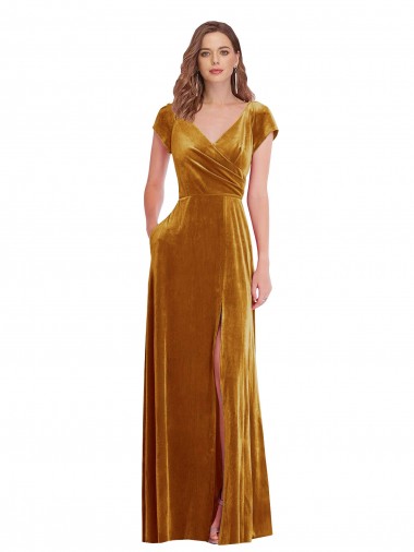 Mangas Curtas Decote V Veludo Elástico Bainha Vestidos de Madrinha / Vestidos de Noite / Vestidos de Festa