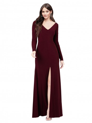 Mangas Compridas Decote V Costas em V Spandex Bainha Vestidos de Madrinha / Vestidos de Festa