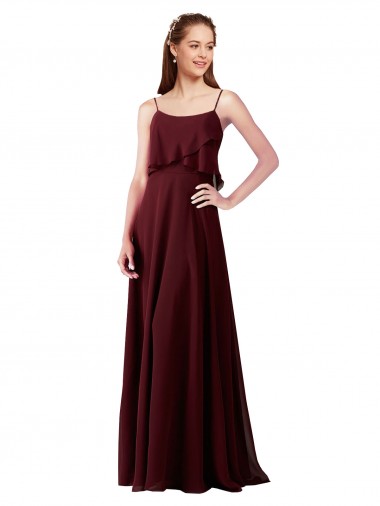 Sem Mangas Alças finas Chiffon Linha A Ouro Borgonha Longo Vestidos de Madrinha