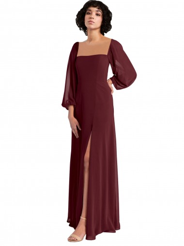 Mangas Compridas Decote Quadrado Chiffon Linha A Vestidos de Madrinha