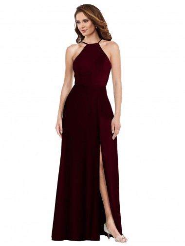 Sem Mangas Alças finas Lombar Chiffon Linha A Ouro Borgonha Longo Vestidos de Madrinha