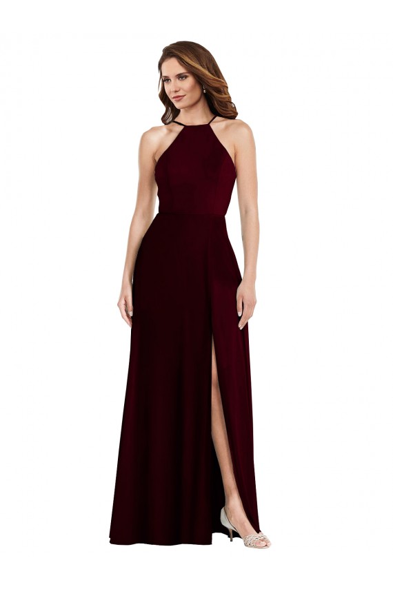 Sem Mangas Alças finas Lombar Chiffon Linha A Ouro Borgonha Longo Vestidos de Madrinha