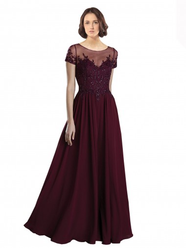 Mangas Curtas Decote Joia Tule & Chiffon Linha A Vestidos de Madrinha