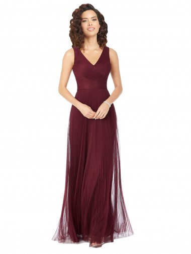 Sem Mangas Decote V Tule Linha A Longo Ouro Borgonha Vestidos de Madrinha