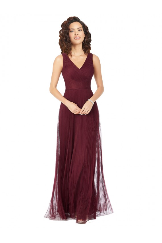 Sem Mangas Decote V Tule Linha A Longo Ouro Borgonha Vestidos de Madrinha