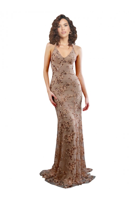 Sem Mangas Decote V Sem encosto Crepe Esticado & Lantejoulas Tule Sereia Vestidos de Madrinha / Vestidos de Noite / Vestidos de Festa