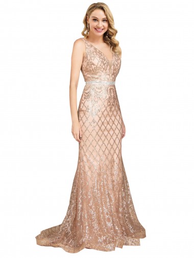 Sem Mangas Decote V Costas em V Lantejoulas & Lantejoulas Espumantes Sereia Vestidos de Madrinha / Vestidos de Noite / Vestidos de Festa