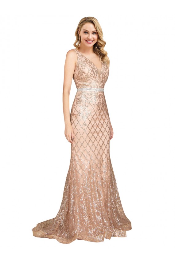 Sem Mangas Decote V Costas em V Lantejoulas & Lantejoulas Espumantes Sereia Vestidos de Madrinha / Vestidos de Noite / Vestidos de Festa