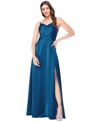 Sem Mangas Alças finas Lombar Cetim Sedoso Linha A Pavão Azul Longo Vestidos de Madrinha / Vestidos de Noite / Vestidos de Festa