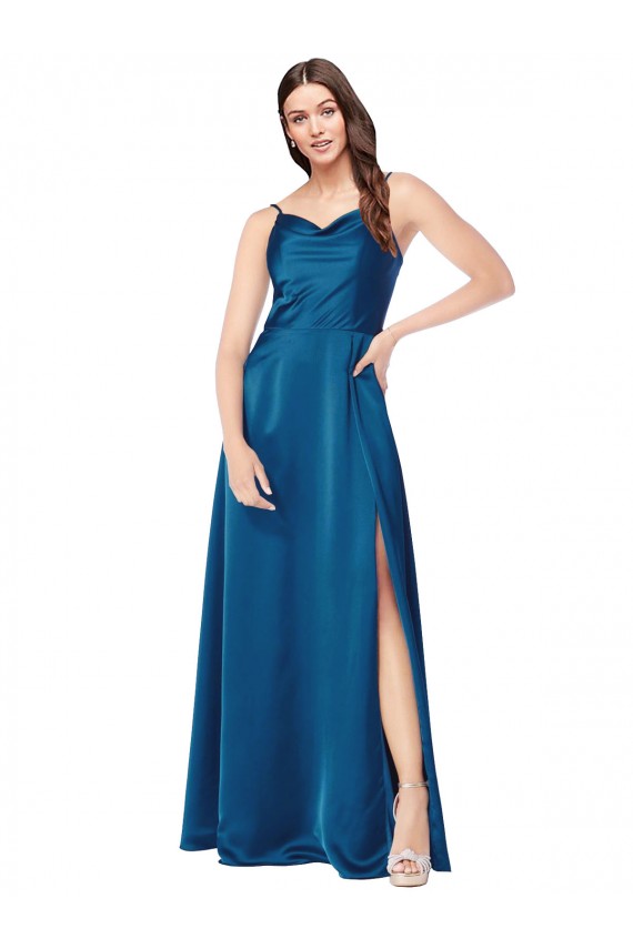 Sem Mangas Alças finas Lombar Cetim Sedoso Linha A Pavão Azul Longo Vestidos de Madrinha / Vestidos de Noite / Vestidos de Festa