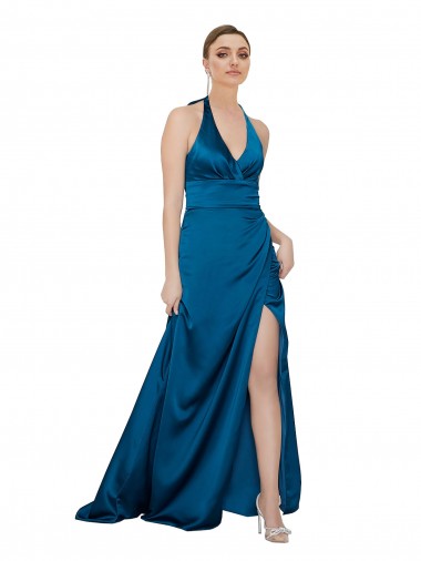 Sem Mangas Cabeçada Abrir de volta Cetim Sedoso Linha A Longo Vestidos de Madrinha / Vestidos de Noite / Vestidos de Festa