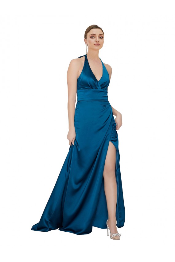 Sem Mangas Cabeçada Abrir de volta Cetim Sedoso Linha A Longo Vestidos de Madrinha / Vestidos de Noite / Vestidos de Festa