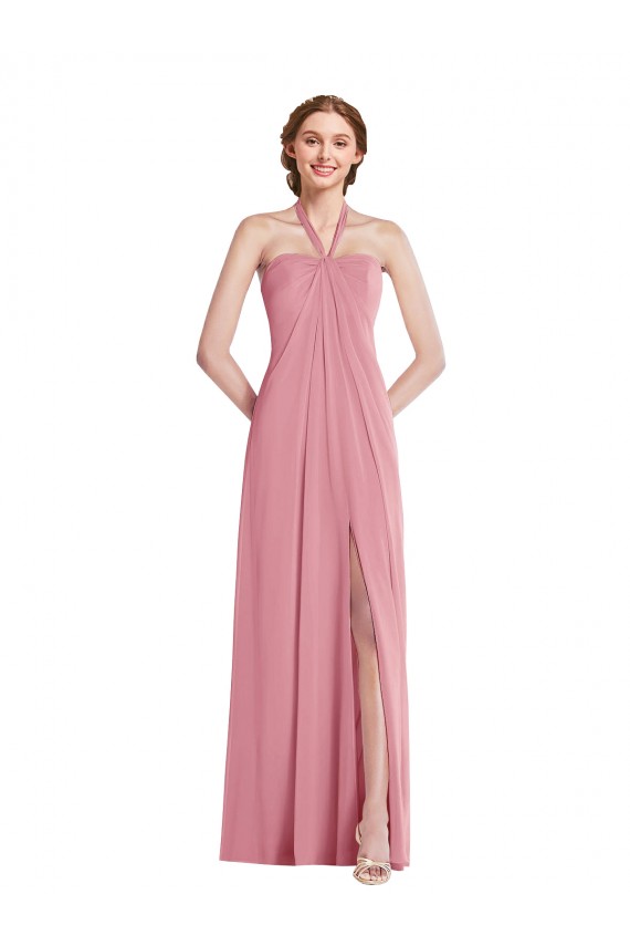 Sem Mangas Cabeçada Abrir de volta Chiffon Linha A Pele Rosa Longo Vestidos de Madrinha