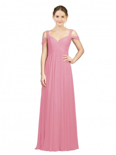 Sem Mangas Fora do Ombro Chiffon Linha A Pele Rosa Longo Vestidos de Madrinha