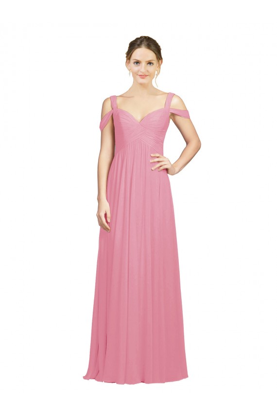 Sem Mangas Fora do Ombro Chiffon Linha A Pele Rosa Longo Vestidos de Madrinha