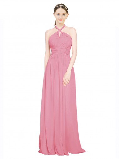 Sem Mangas Cabeçada Chiffon Linha A Pele Rosa Longo Vestidos de Madrinha