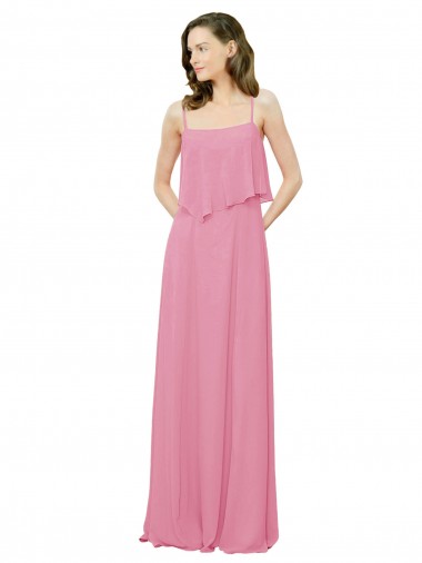 Sem Mangas Alças finas Chiffon Linha A Pele Rosa Longo Vestidos de Madrinha