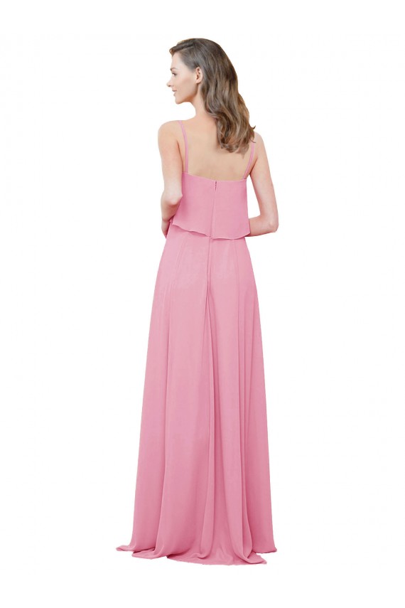 Sem Mangas Alças finas Chiffon Linha A Pele Rosa Longo Vestidos de Madrinha