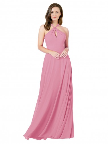 Sem Mangas Cabeçada Buraco da fechadura Chiffon Linha A Vestidos de Madrinha / Vestidos de Festa