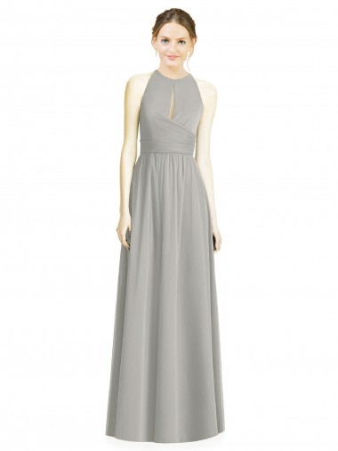 Sem Mangas Cabeçada Chiffon Linha A Prata Longo Vestidos de Madrinha