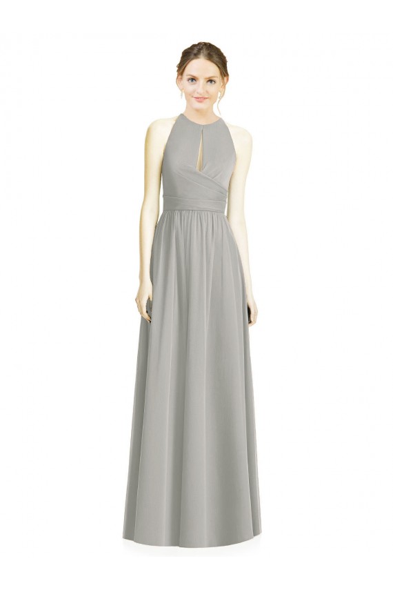 Sem Mangas Cabeçada Chiffon Linha A Prata Longo Vestidos de Madrinha