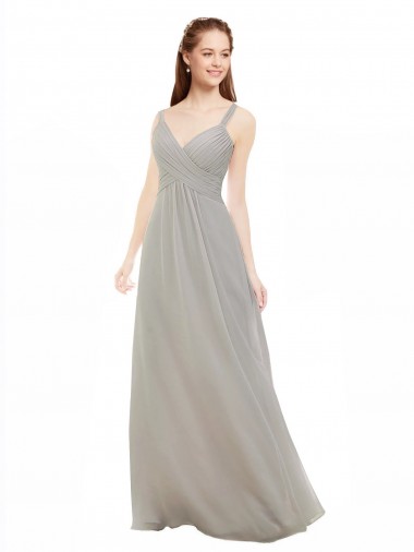 Sem Mangas Alças finas Criss Cruz Chiffon Linha A Longo Prata Vestidos de Madrinha