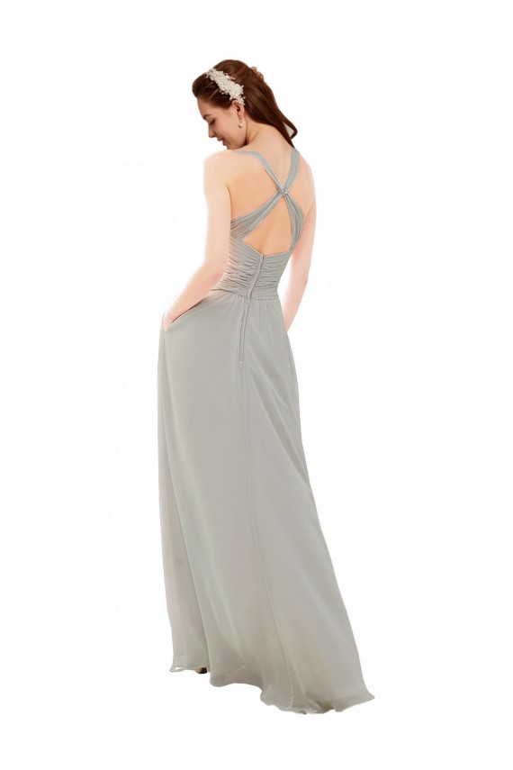 Sem Mangas Alças finas Criss Cruz Chiffon Linha A Longo Prata Vestidos de Madrinha