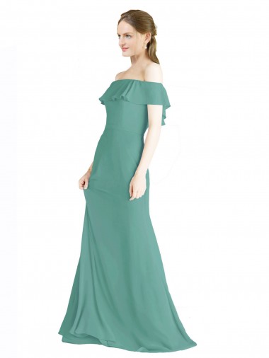 Sem Mangas Fora do Ombro Chiffon Linha A Longo Prata Islandesa Vestidos de Madrinha