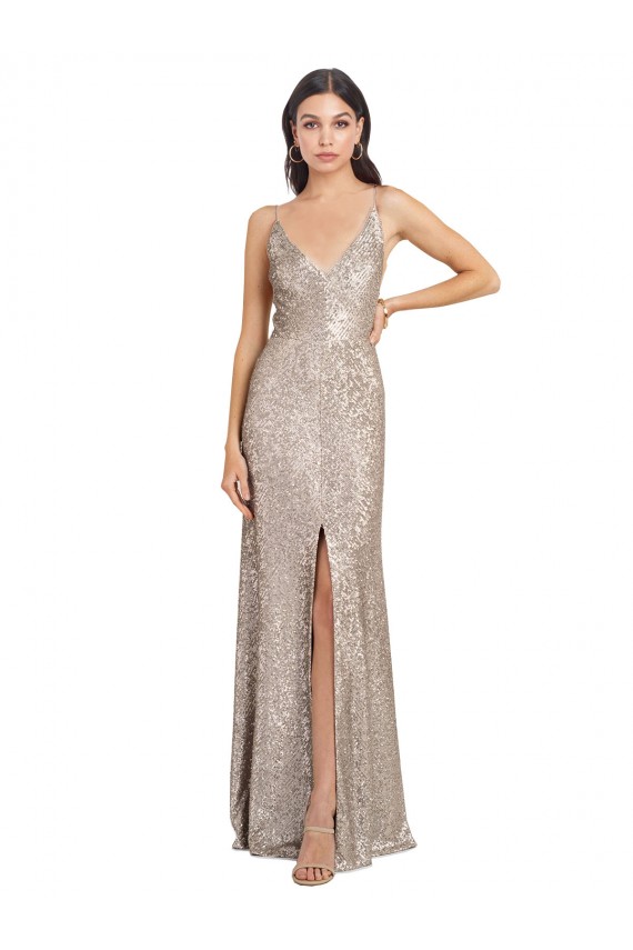 Sem Mangas Decote V Costas em V Lantejoulas & Lantejoulas Espumantes Bainha Vestidos de Madrinha / Vestidos de Noite / Vestidos de Festa