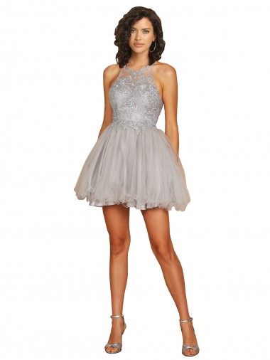 Sem Mangas Cabeçada Abrir de volta Tule Linha A Vestidos de Madrinha / Vestidos de Cocktail / Vestidos de Homecoming