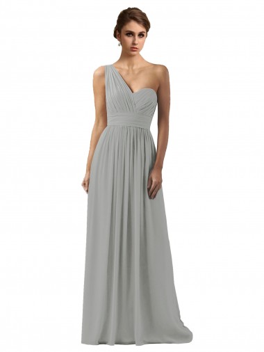 Sem Mangas Um Ombro Chiffon Linha A Prata Longo Vestidos de Madrinha