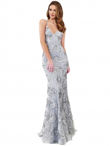 Sem Mangas Decote V Sem encosto Crepe Esticado & Lantejoulas Tule Sereia Prata Vestidos de Madrinha / Vestidos de Noite / Vestidos de Festa