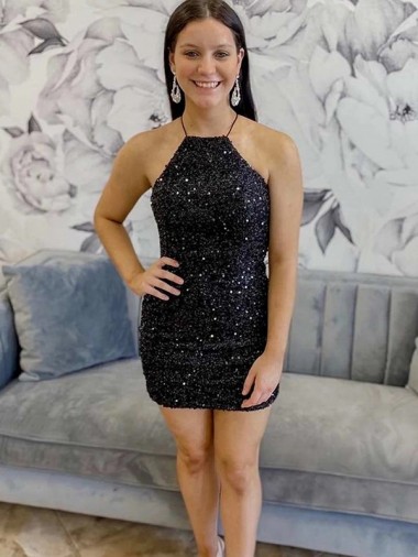 Sem Mangas Cabeçada Lantejoulas Veludo Bainha Vestidos de Festa