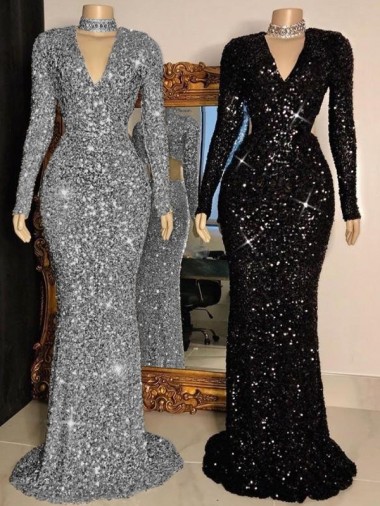 Mangas Compridas Decote V Lantejoulas Veludo Bainha Vestidos de Festa