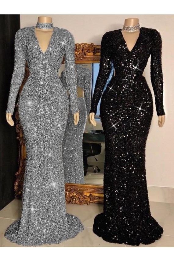 Mangas Compridas Decote V Lantejoulas Veludo Bainha Vestidos de Festa