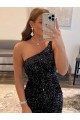 Sem Mangas Um Ombro Lantejoulas Veludo Bainha Preto Curto Vestidos de Festa