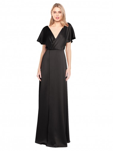 Mangas Curtas Decote V Abrir de volta Cetim Elástico Linha A Vestidos de Madrinha / Vestidos de Noite / Vestidos de Festa