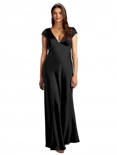 Mangas Curtas Decote V Buraco da fechadura Cetim Elástico Linha A Vestidos de Madrinha / Vestidos de Noite / Vestidos de Festa