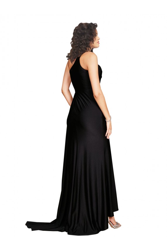 Sem Mangas Um Ombro Cetim Sedoso Linha A Preto Longo Vestidos de Madrinha / Vestidos de Noite / Vestidos de Festa
