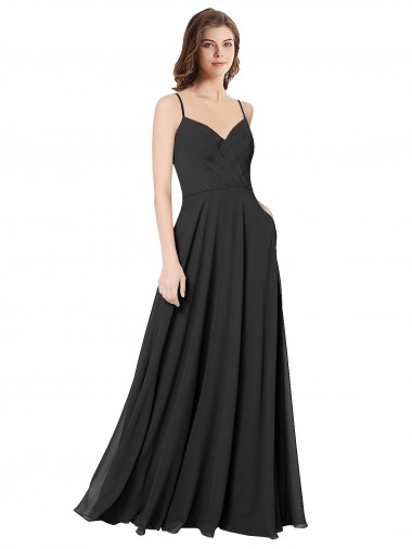 Sem Mangas Amor Abrir de volta Chiffon Linha A Preto Longo Vestidos de Madrinha