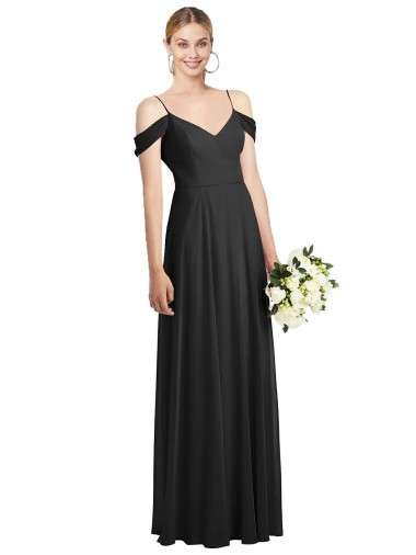 Ombro Frio Alças finas Chiffon Linha A Longo Vestido de Madrinha